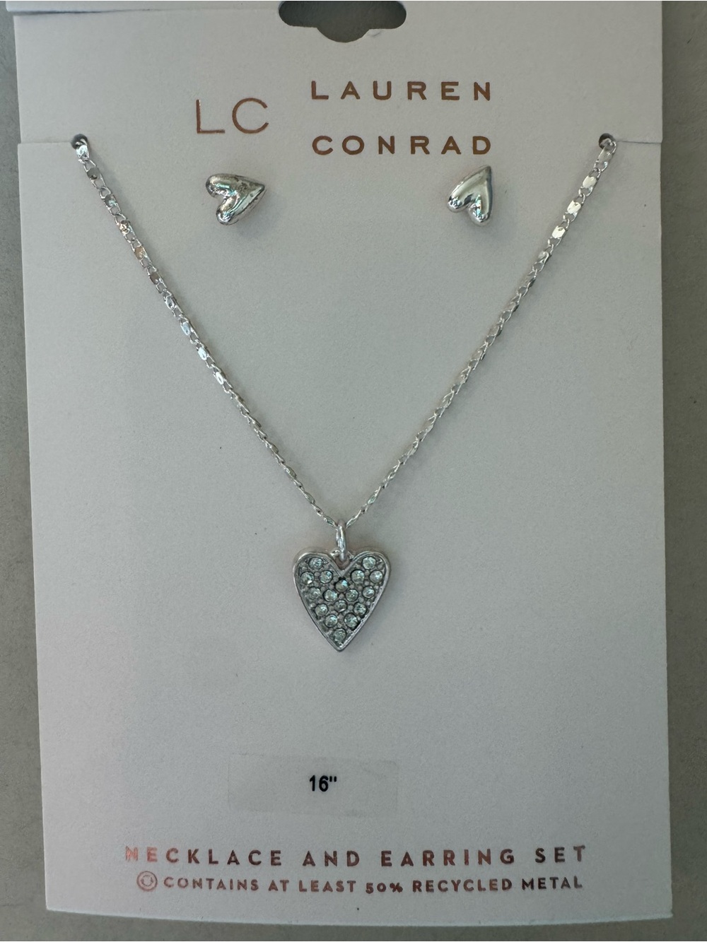 New LC Lauren Conrad Silver Heart Necklace and Earrings Set - Silver